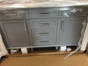 lot 8 image: Sonoma 60 in. W x 22 in. D Double Bath Vanity in Pebble Grey with Carrara Marble Top with White Sinks by Home Decorators Collection- open box not used - see pictures -