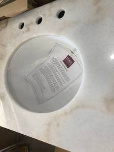 lot 14 image: Artisan 26 in. W Vanity in Dark Oak with Natural Marble Vanity Top in White with White Basin by Home Decorators Collection- slighlty damaged - see pictures
