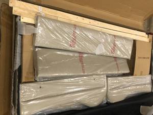 lot 33 image: Beige Queen Size Upholstered Shelter Bed - open box Not used