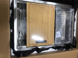 lot 36 image: All-in-One Undermount Stainless Steel 27 in. Single Bowl Kitchen Workstation Sink with Accessories Kit by Glacier Bay