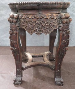 lot 36 image: HEAVY ANTIQUE VERY DECORATIVELY CARVED STOOL WITH MARBLE INSERT