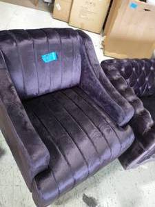 lot 51 image: Carleson Blackberry Velvet Club Chair & Somerville 61.8 in. Blackberry Tufted Velvet 2-Seater Chesterfield Loveseat with Nailheads