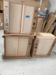 lot 126 image: 2 HAMTON BAY Hampton Unfinished Beech Raised Panel Stock Assembled Wall Kitchen Cabinet (30 in. x 30 in. x 12 in.) AND 1 HAMPTON BAY Hampton Assembled 24x30x12 in. Wall Kitchen Cabinet in Unfinished Beech
