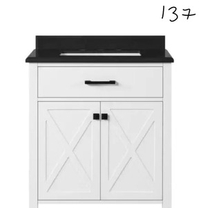 lot 137 image: HOME DECORATORS COLLECTION Ainsley 30 in. W x 22 in. D Vanity in White with Granite Vanity Top in Black with White Basins