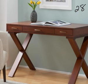 lot 28 image: HOME DECORATORS COLLECTION 48 in. Rectangular Walnut 3 Drawer Writing Desk with Built-In Storage