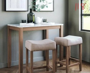 lot 118 image: Viktor Three Piece Dining Set Kitchen Pub Table White Marble Table Top, Light Brown Wood Base, Light Beige Fabric Seat