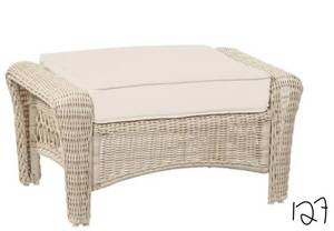 lot 127 image: HAMPTON BAY Park Meadows Off-White Wicker Outdoor Patio Ottoman with CushionGuard Almond Tan Cushion
