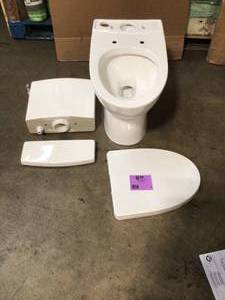 lot 9 image: Caspian 2-Piece 1.11.6 GPF Dual Flush Elongated Toilet in White, Seat Included by Glacier Bay (good condition) see pictures