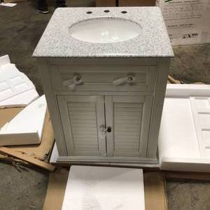 lot 14 image: Hamilton Shutter 25 in. W x 22 in. D Bath Vanity in Ivory with Granite Vanity Top in Grey by Home Decorators Collection (see all pictures)