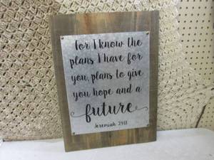 lot 49 image: (G-1) Tin Sign on Wood Wall Decor 1...
