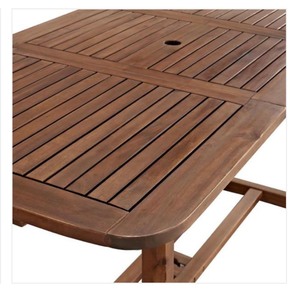 lot 130 image: Boardwalk Dark Brown Acacia Wood Extendable Outdoor Dining Table by Walker Edison Furniture Company ITS RETAIL PRICE is $279.00