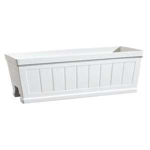 lot 133 image: Hanover 27 in. White Resin Beadboard Deck Rail Planter ITS RETAIL PRICE is $24.38