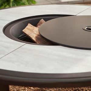 lot 183 image: Whitfield 48 in. Round Galvanized Steel Wood Burning Fire Pit Table in Dark Brown with Stone Look Tile Top by Hampton Bay Its RETAIL PRICE IS $199.00