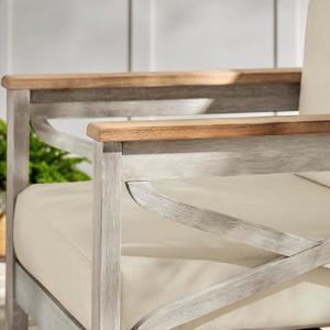 lot 2 image: Coral Crest Weathered Light Teak 4-Piece Wood Patio Conversation Set with Beige Cushions by Hampton Bay Its RETAIL PRICE is $1174.81
