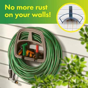 lot 196 image: Plastic Garden Water Hose Holder with Storage Compartment Fits 150 ft. Hose Wall Mount Hose Rack Hanger with Shelf Its RETAIL PRICE is $15.90