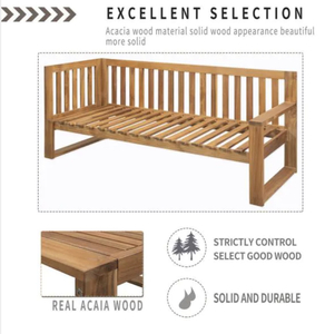 lot 4 image: Solid Acacia Wood Outdoor Sectional with Gray Cushions and Table The retail price $886.99