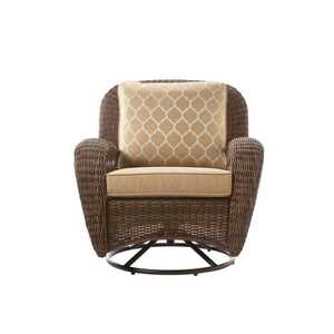 lot 6 image: Beacon Park Brown Wicker Outdoor Patio Swivel Lounge Chair with Toffee Trellis Tan Cushions The retail price $329.00
