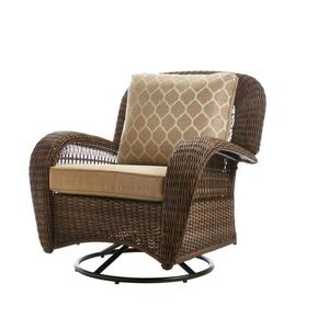 lot 37 image: Beacon Park Brown Wicker Outdoor Patio Swivel Lounge Chair with Toffee Trellis Tan Cushions $329.00