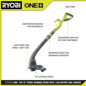 lot 102 image: ONE 18V 10 in. Cordless Battery String Trimmer and Edger with 1.3 Ah Battery and Charger The retail price $69.97