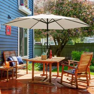lot 215 image: 9 ft. Market Outdoor Patio Umbrella with Push Button Tilt and Crank in Beige by LAUREL CANYON Its RETAIL PRICE is $73.71