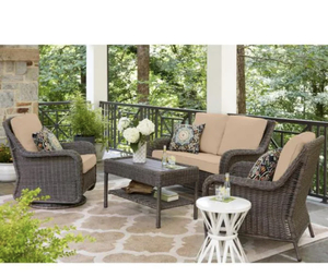 lot 40 image: Cambridge Gray Wicker Outdoor Patio Lounge Chair with Sunbrella Henna Beige Cushions The retail $409.00