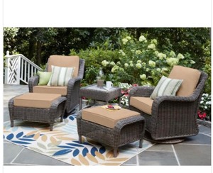 lot 57 image: Cambridge Gray Wicker Outdoor Patio Ottoman with Sunbrella Henna Beige Cushions The retail price $279.00