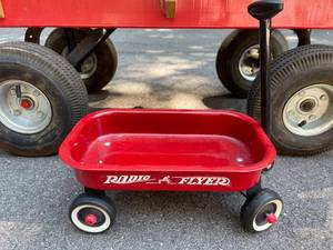 lot 28 image: Wagon w Wooden Sides and Two Small Toy Wagons