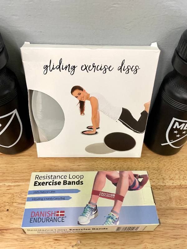 lot 40 image: Lot of Exercise Bands, Disks and Water Bottles  