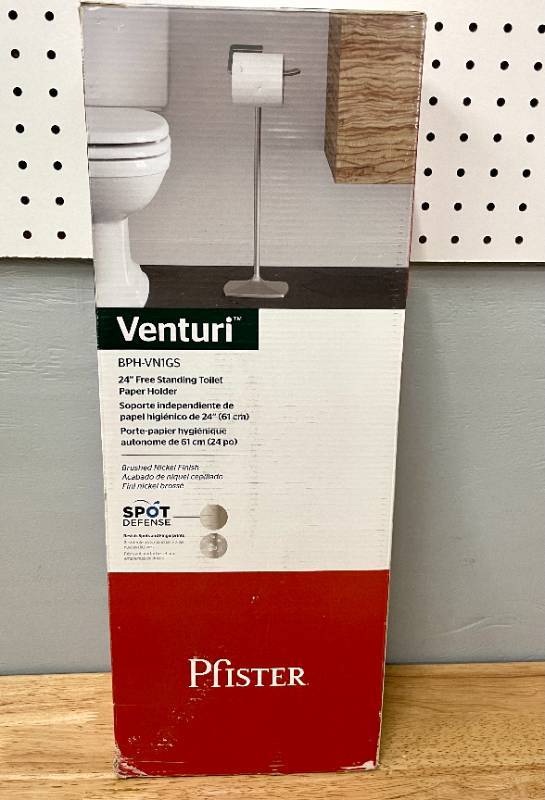 lot 31 image: Pfister Venturi Free-Standing Toilet Paper Holder in Spot Defense Brushed Nickel