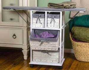 lot 51 image: SpaceMaster Laundry 29 Tall Wood and Wicker Portable Ironing Board Center Cart
