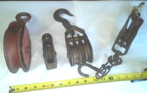 lot 16 image: Vintage Single, Double, and Triple Pully Wheels. Block and Tackle.