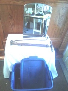 lot 23 image: Vintage medicine cabinet. Tire pump and more.