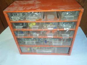 lot 154 image: Racco metal parts bin with contents. (12 x 11 x 6)