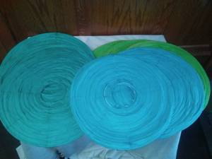 lot 161 image: 9-16 Japanese paper lanterns. 3 each, green, blue, and teal. Plus 9 metal frames.