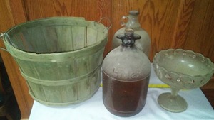 lot 165 image: Vintage variety , Glass Jugs, bushel basket.