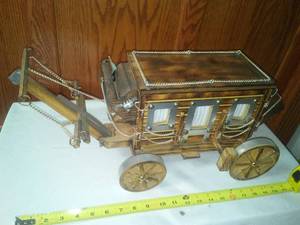 lot 778 image: Stagecoach Lamp  Wood, Hand Crafted, Great Detail.