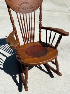 lot 19 image: Antique Rocking Chair w Leather Embossed Seat