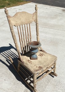 lot 20 image: Vintage Chippy Solid Wood Rocker w Blue Cast Iron Urn