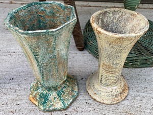lot 35 image: (3) Vintage Baskets and Two Cast Iron Urns