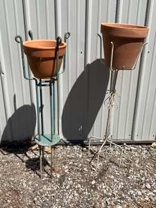 lot 103 image: Two Metal Plant Stands w Clay Pots