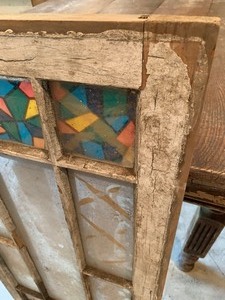lot 143 image: Vintage Lot of 3 Multi Pane Windows w Faux Stained Glass