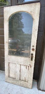 lot 195 image: Vintage Solid Wood Exterior Door w Curved Glass Window