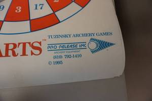 lot 44A image: 5 Pro Release Tag Board Archery Dart Competition Targets w 10 .30.06 Paper Targets