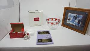 lot 53 image: Framed & Matted Picture--Crystal Serving Bowl-- Holiday Poured Candle--Round Plastic Tablecover