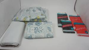 lot 139 image: One Large White Flannel Backed Plastic Table Cloth--Nine Flannel Backed Plastic Table Cloths--Red Table Covers--Black table Covers