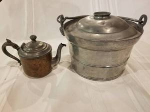 lot 86 image: Antique Copper Pitcher and Covered Pewter Dinner Pail