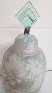 Art Pottery Ginger Jar Vessel with Art Glass Pedestal Base & Finial