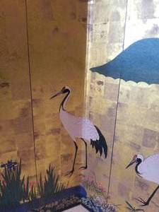 2 Asian Four Panel Screen with Cranes & Flowers