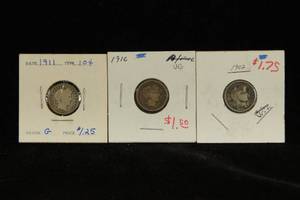 lot 40 image: 3 US Barber Silver Dime Coins