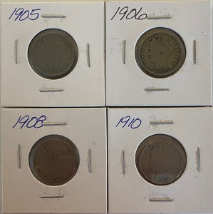 Four Different Liberty Head Nickels - 1905, 1906, 1908, & 1910